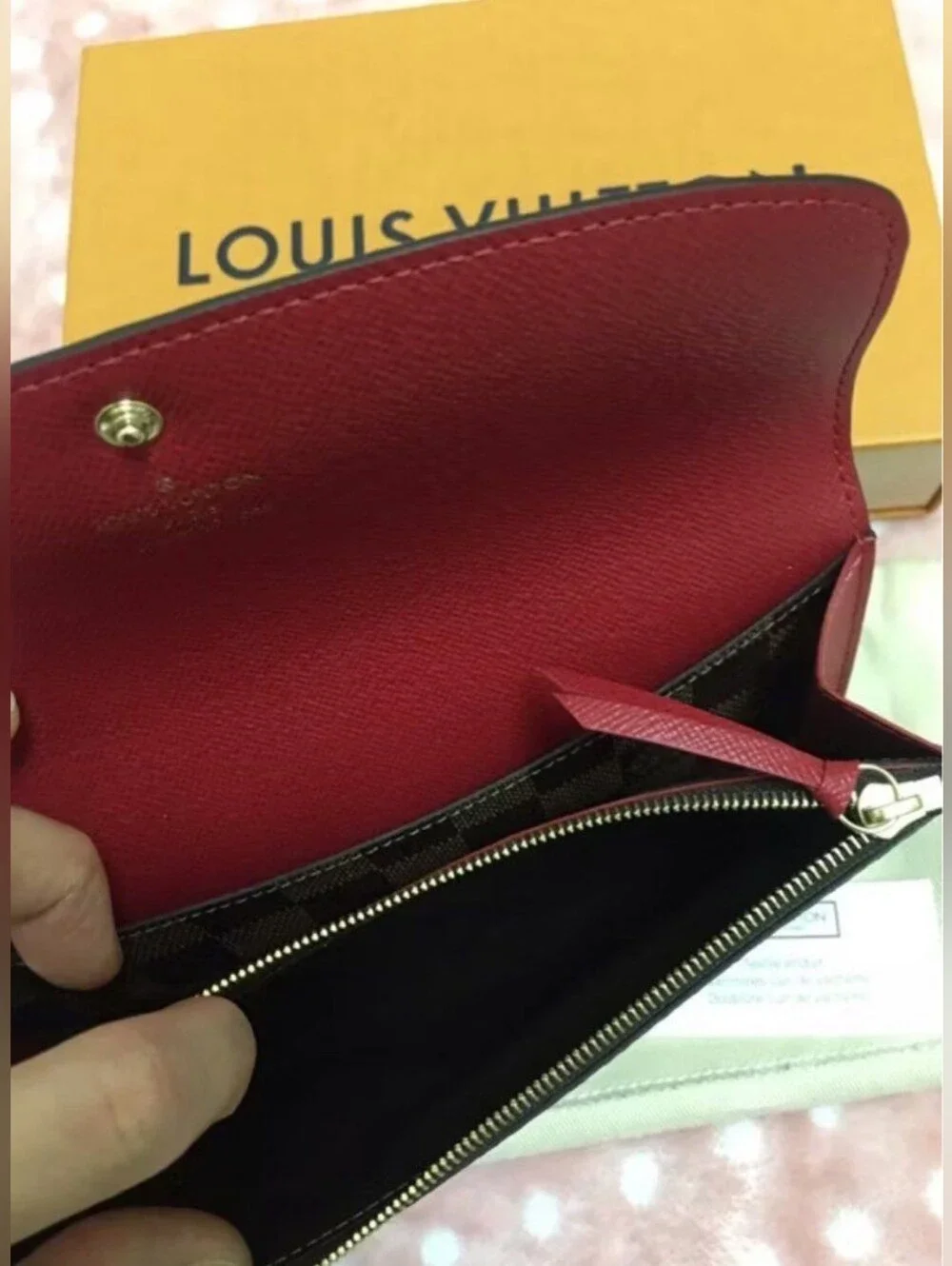 Louis Vuitton Damier Ebene Continental Wallet with Red Snap Closure